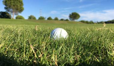 Golfball auf einer gepflegten grünen Rasenfläche
