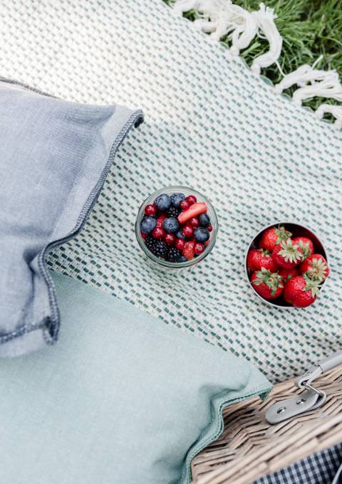 Schalen mit frischen Beeren wie Erdbeeren, Himbeeren und Blaubeeren auf einer Decke im Garten.
