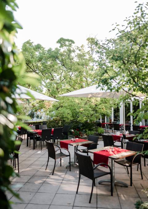 Die Gartenterrasse des Hotel Antoniushof im Grünen, ideal für eine Mahlzeit im Freien.