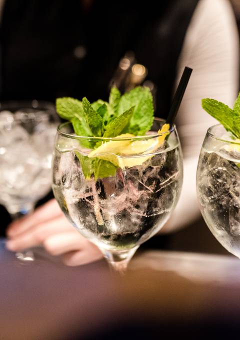 Zwei Gläser Gin Tonic mit Minze und Zitrone an der Bar im Antoniushof