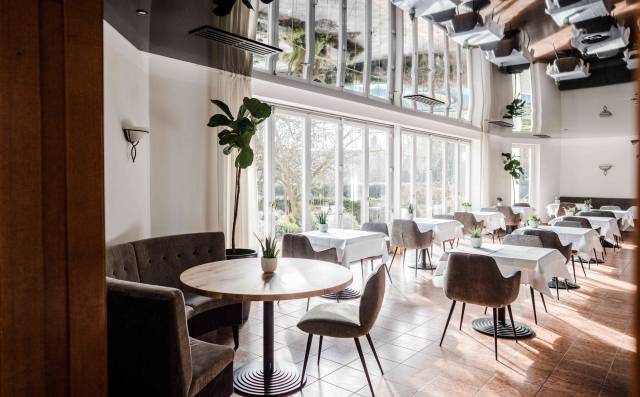 Stilvolles Restaurant mit großen Fenstern und Tageslicht