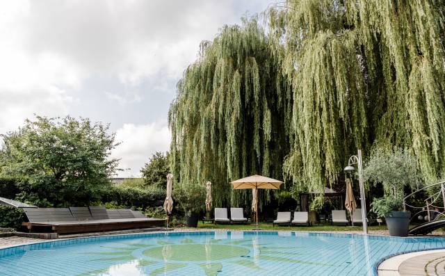 Großer Pool mit grüner Weidenlandschaft im Wellnessbereich des Antoniushofs.