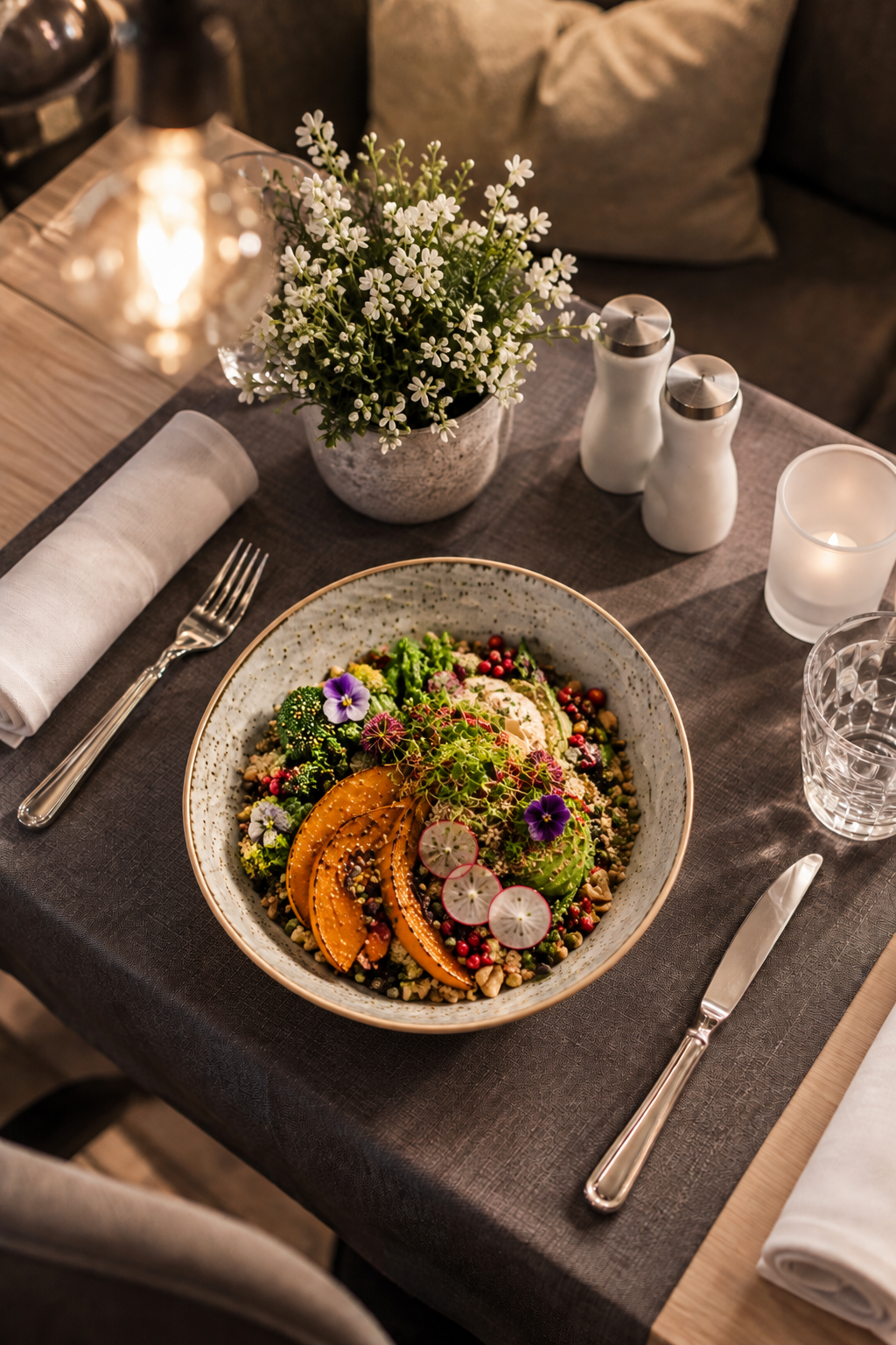Basenfasten-Gericht mit Kürbis, Brokkoli, Avocado, Radieschen und Sprossen im Antoniushof